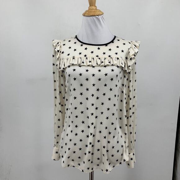 J Crew Blouse Womens 0 White Black Silk Blend Ruffle Star Print Keyhole Back Top - Picture 2 of 14